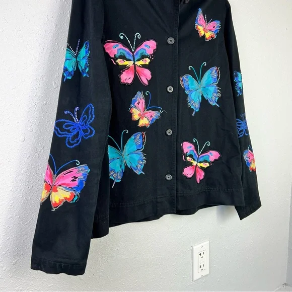 Easy Spirit 100% Cotton Black Button Up Breaded Butterfly Jacket Women’s Size L - Picture 10 of 14